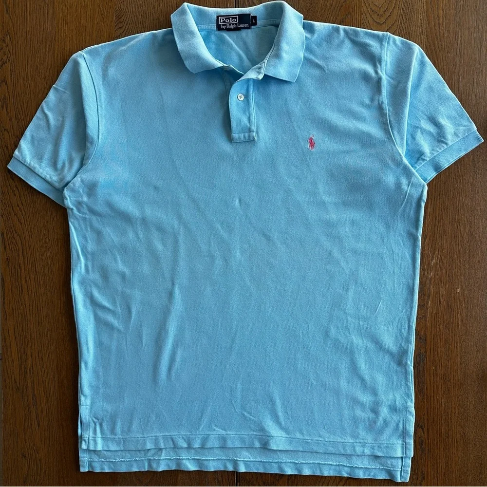 Polo Ralph Lauren Light Blue Pink Pony Short Sleeve Shirt Preppy Men’s Size L - Picture 2 of 6